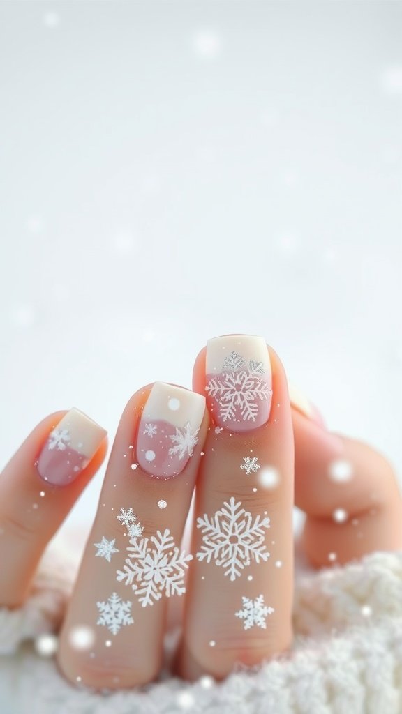 Pastel nail design featuring snowflakes on a soft, snowy background.