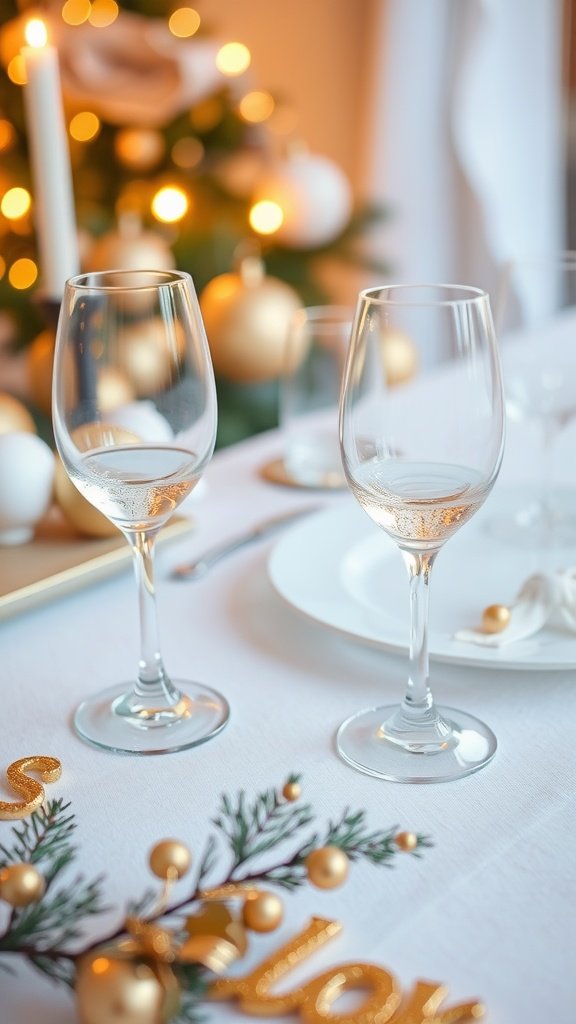 Close-up of elegant champagne gold nail polish with a holiday-themed table setting.