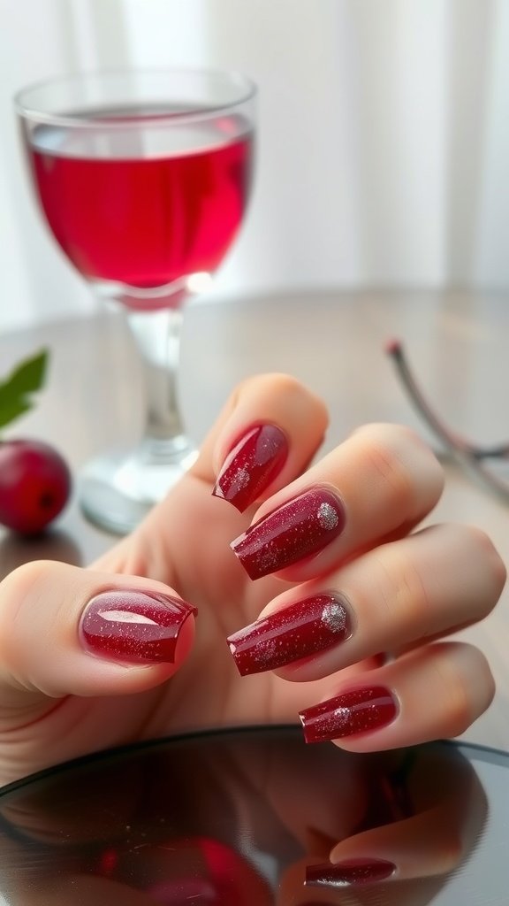 Close-up of hands with sparkling cherry wine nails and a glass of cherry wine.