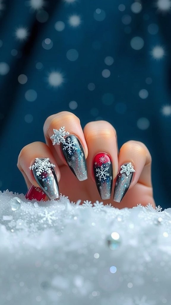 Nail art featuring sparkling icicles and snowflake designs on winter-themed nails.