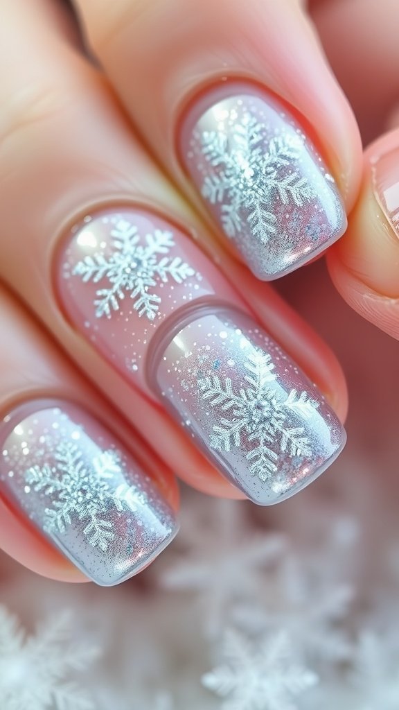 Close-up of nails featuring sparkling snowflake designs on a glittery background.