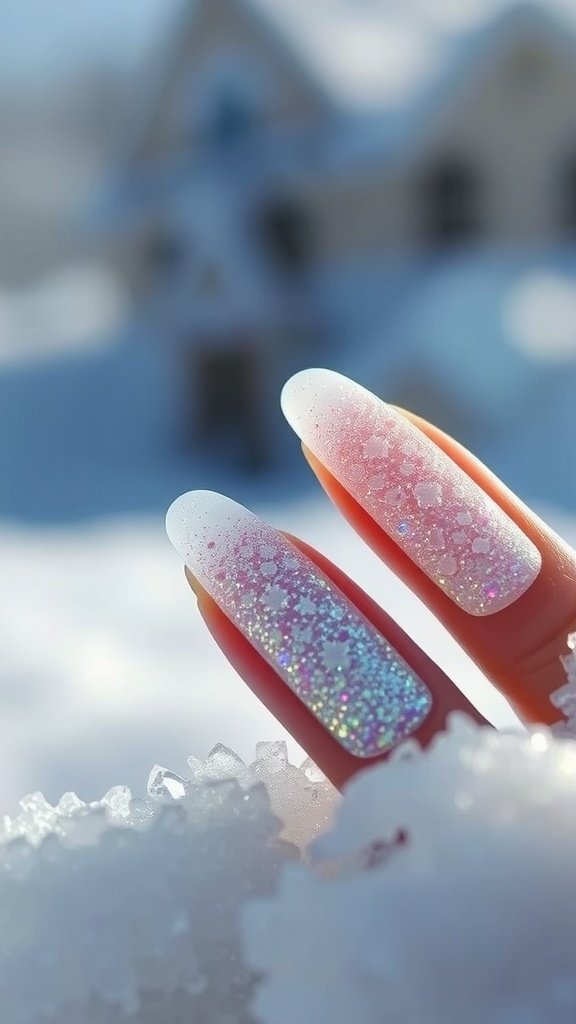 Nails with a frosted glass finish, featuring a blend of soft pink and glittering accents, set against a snowy background.