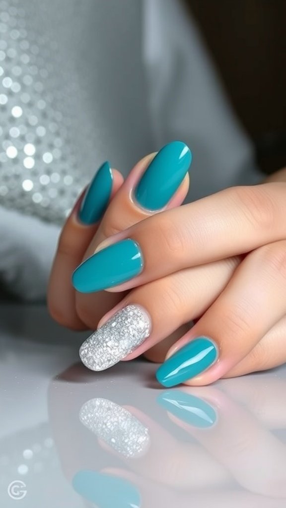 Teal nails with one silver glitter accent nail