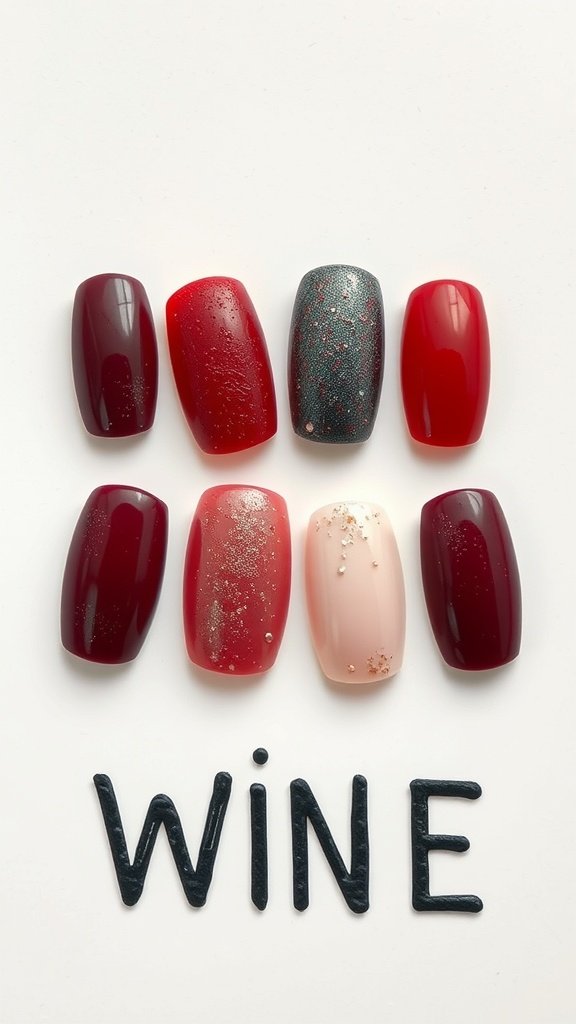 A collection of textured cherry wine nail designs on a light background.