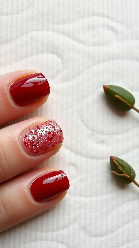 Close-up of textured cherry wine nails with glitter accent.