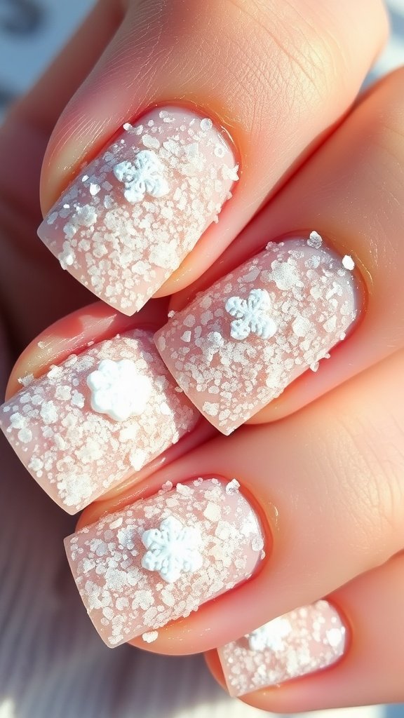 Close-up of textured winter nail design with glitter and snowflake accents.