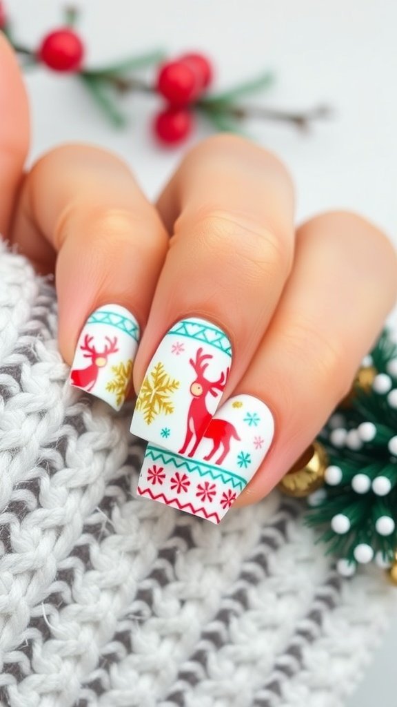 Nail design featuring Christmas sweater patterns with reindeer and snowflakes.