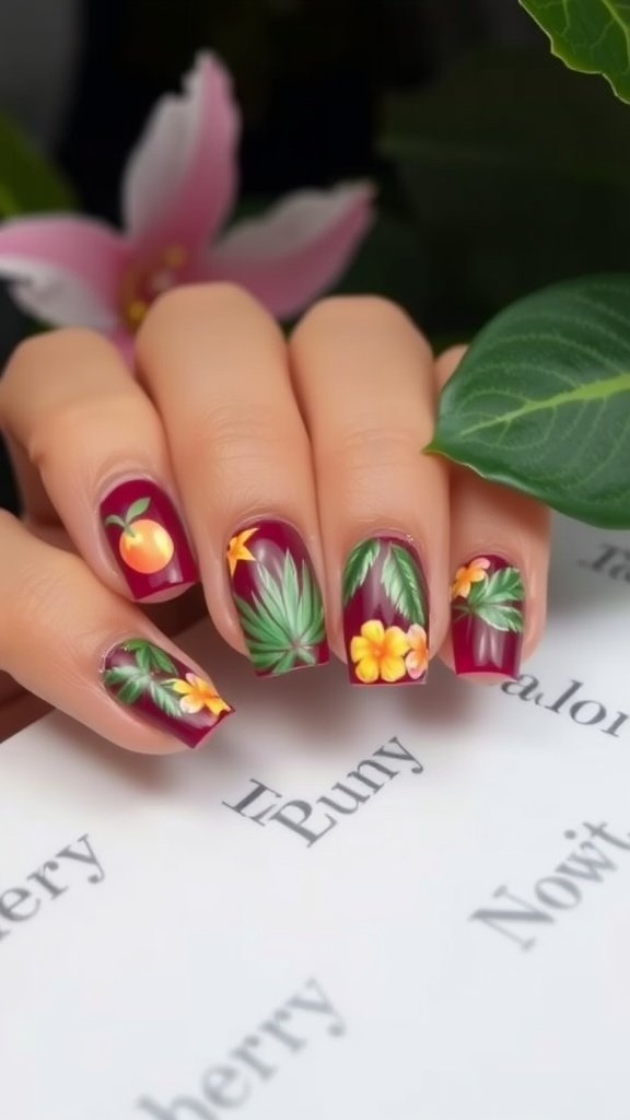 Nail design featuring cherry wine color with tropical flowers and leaves.