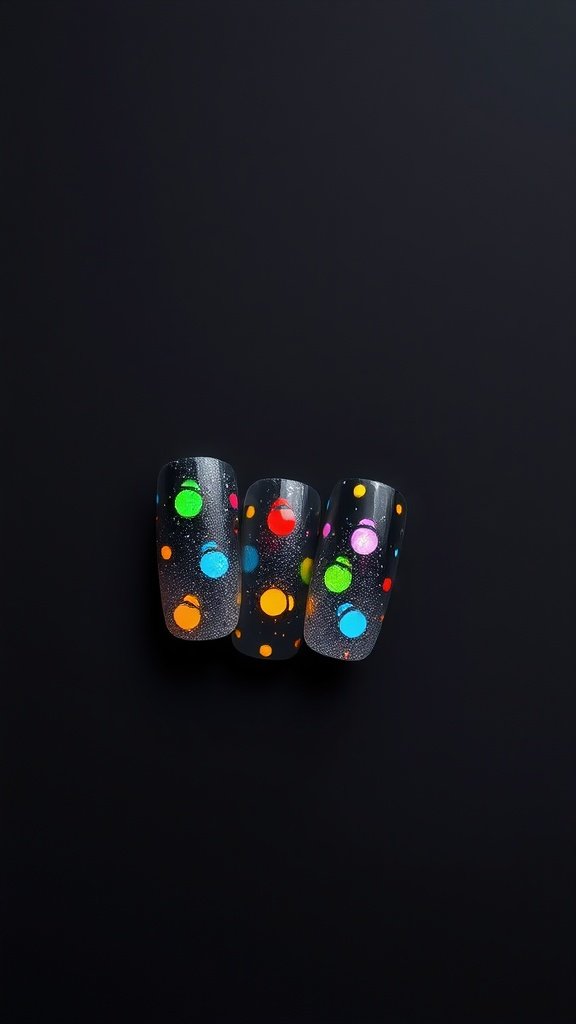 Nail design featuring colorful dots resembling Christmas lights on a dark background.