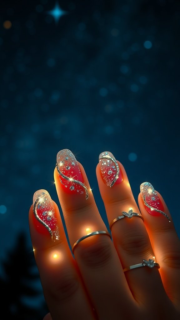 Nails with a twinkling fairy lights effect, featuring glitter and a festive design against a starry background.