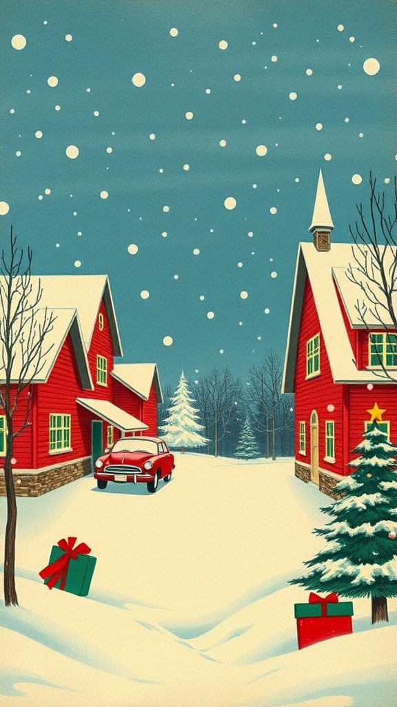 A vintage holiday scene featuring red houses, a snowy landscape, and Christmas decorations.