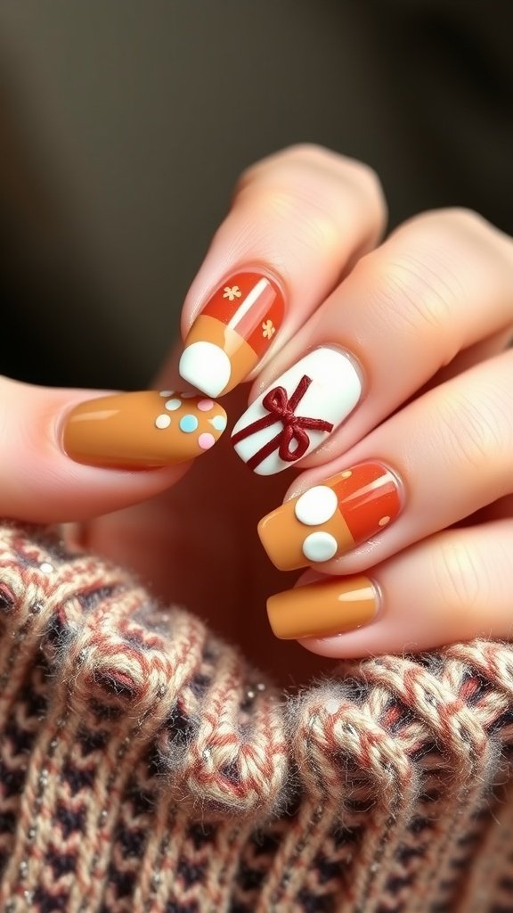 Nails designed with warm cocoa and marshmallow themes, featuring brown and white colors with playful accents.