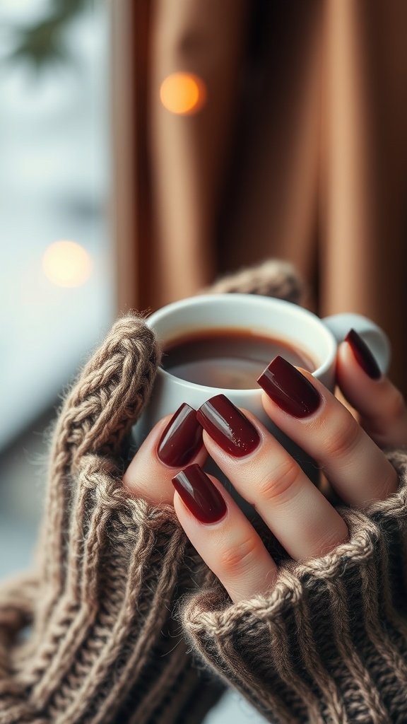 Close-up of hands with warm cocoa brown nails holding a cup of cocoa, wearing a knitted sweater.