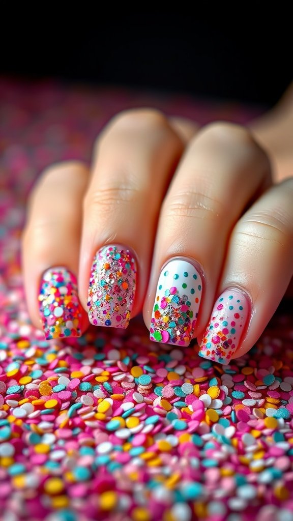 Nails with whimsical bright confetti glitter design on a colorful background.