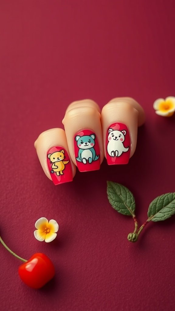 Nail art featuring cute whimsical characters on a cherry wine background.