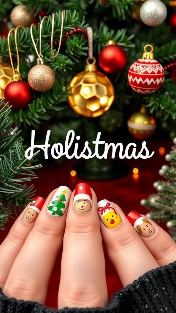 Close-up of colorful holiday-themed nail designs featuring Christmas trees, smiling faces, and festive colors.