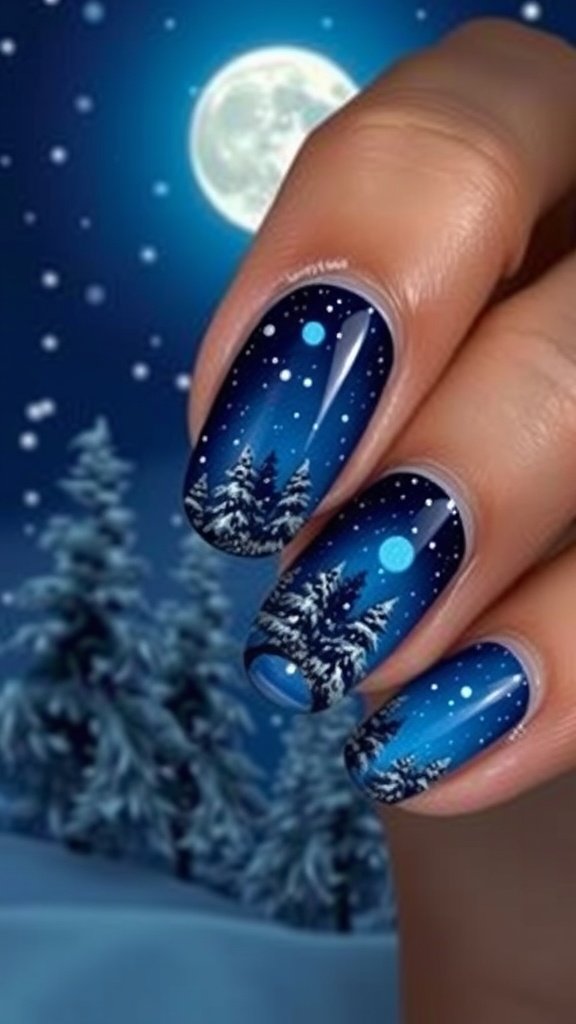 Nail design featuring a winter scene with blue and white colors, stars, and trees.