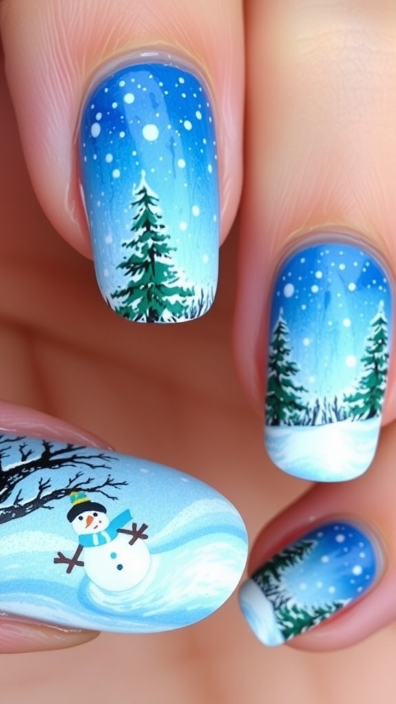 Nail design featuring a winter scene with snow, trees, and a snowman.