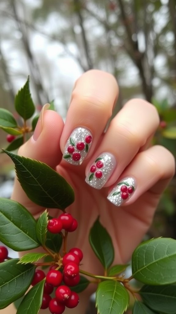 Nail design featuring glittery silver polish with red berry accents on a hand, surrounded by green leaves.